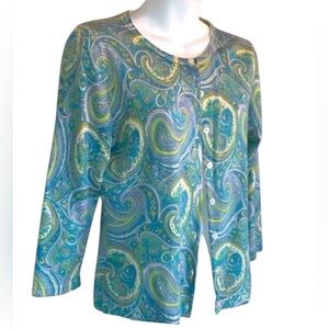 GARNET HILL paisley cozy merino wool cardigan, blue & green, 3/4 sleeve. M